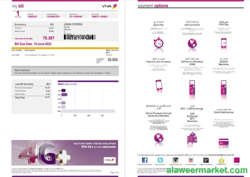 Bahrain Viva my utility bill Word and PDF template, 5 pages 1 2